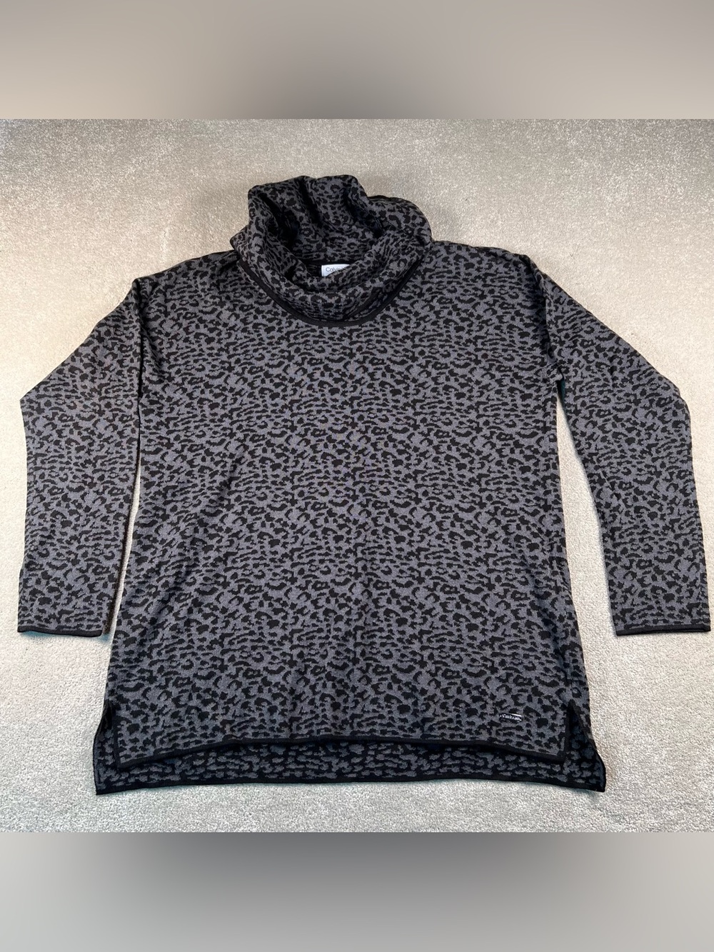 Calvin Klein Sweater Turtleneck Cowl Black Grey Leopard  Women's Medium